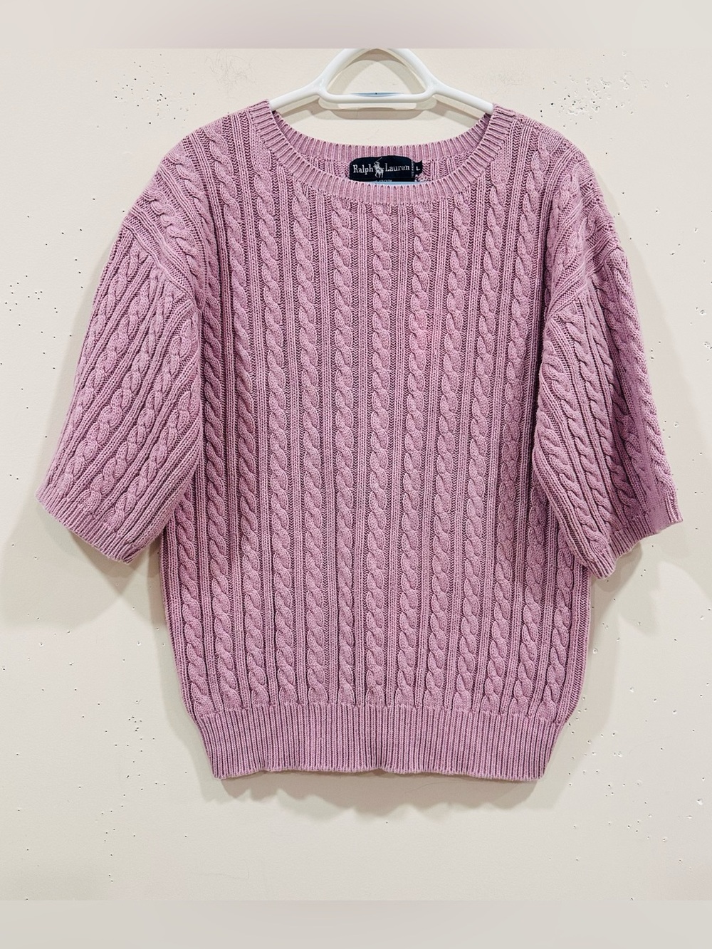 Ralph Lauren Cable Knit Sweater Womens L Pink Short Sleeve 100% Cotton